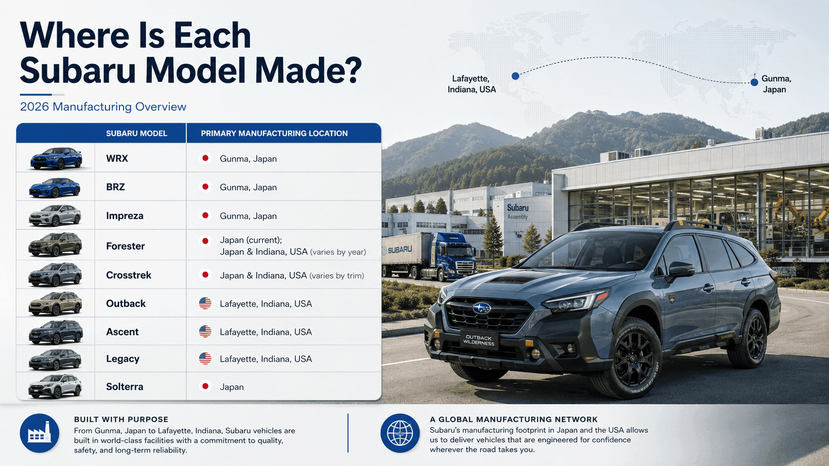 Subaru manufacture location table
