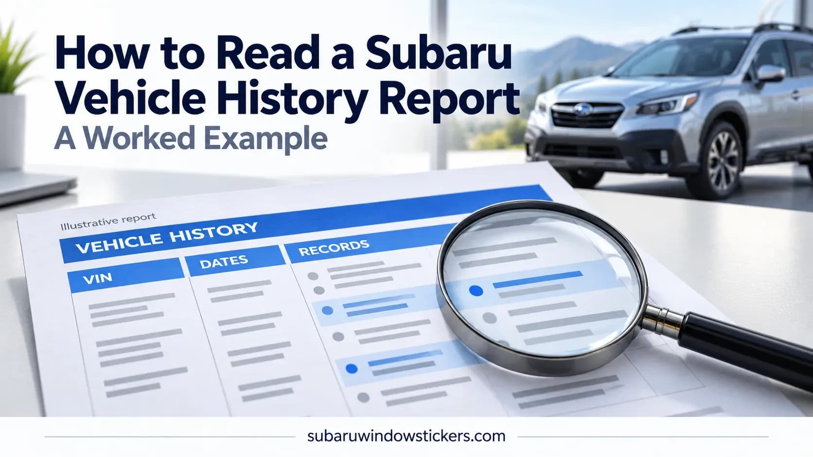 Illustrative Subaru vehicle history report with VIN, dates, and records highlighted beside a Subaru.
