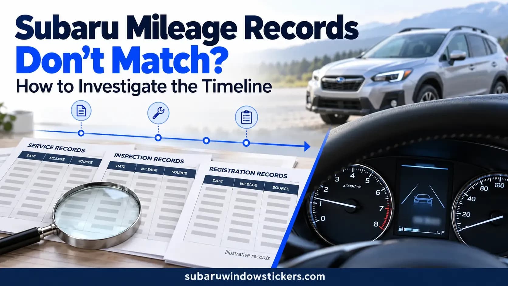 Subaru dashboard beside illustrative service, inspection, and registration records for a mileage comparison.