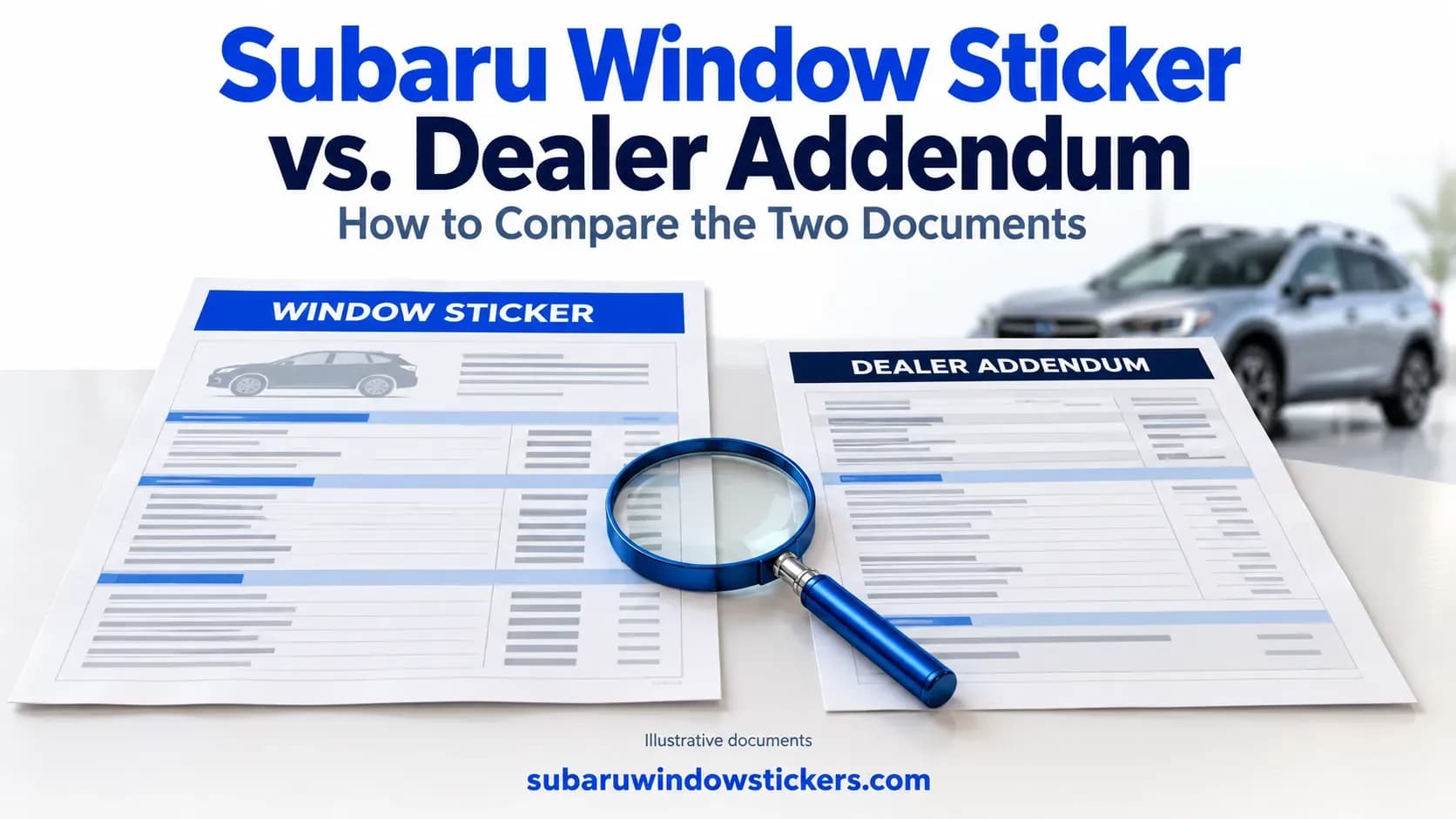 Illustrative Subaru window sticker and dealer addendum displayed side by side.